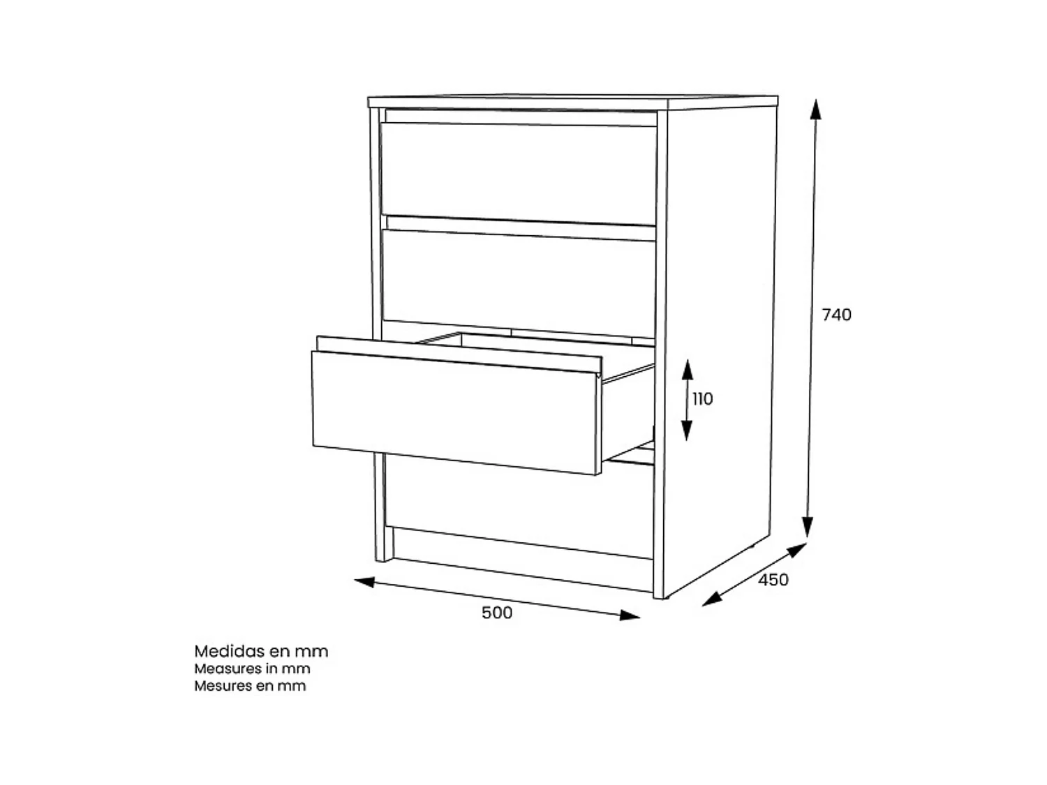 Cómoda Cajonera 4 cajones acabado en blanco. 74cm(alto) 50cm(ancho) 45cm(fondo)