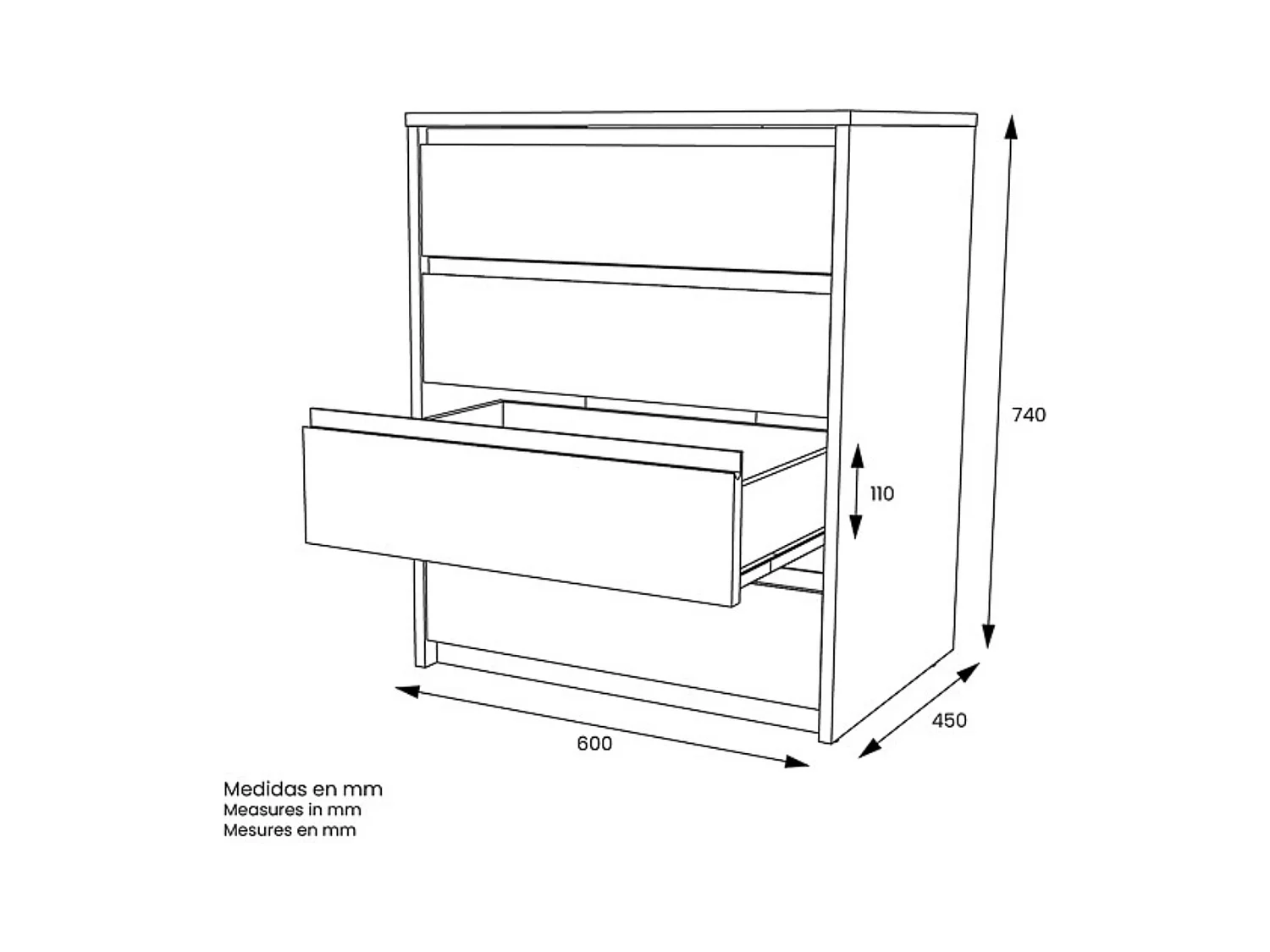 Cómoda Cajonera 4 cajones acabado en blanco. 74cm(alto) 60cm(ancho) 45cm(fondo)