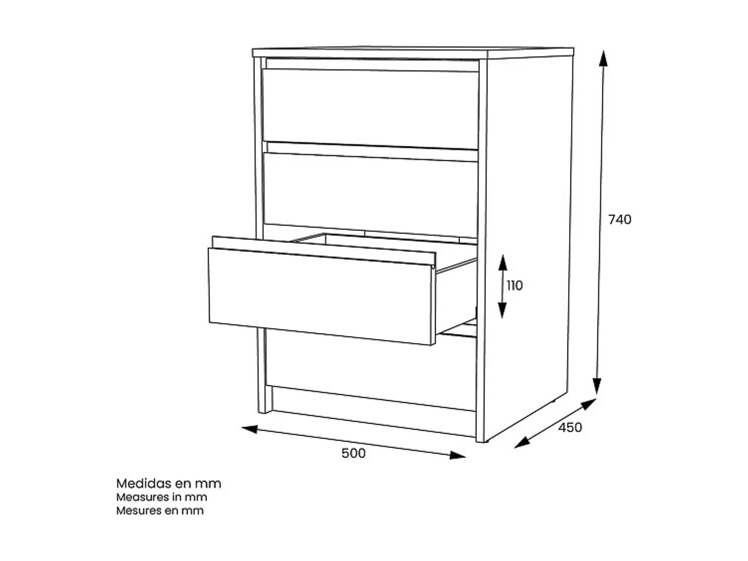 Cómoda Cajonera 4 cajones acabado en Color Roble. 74cm(alto) 50cm(ancho) 45cm(fondo)