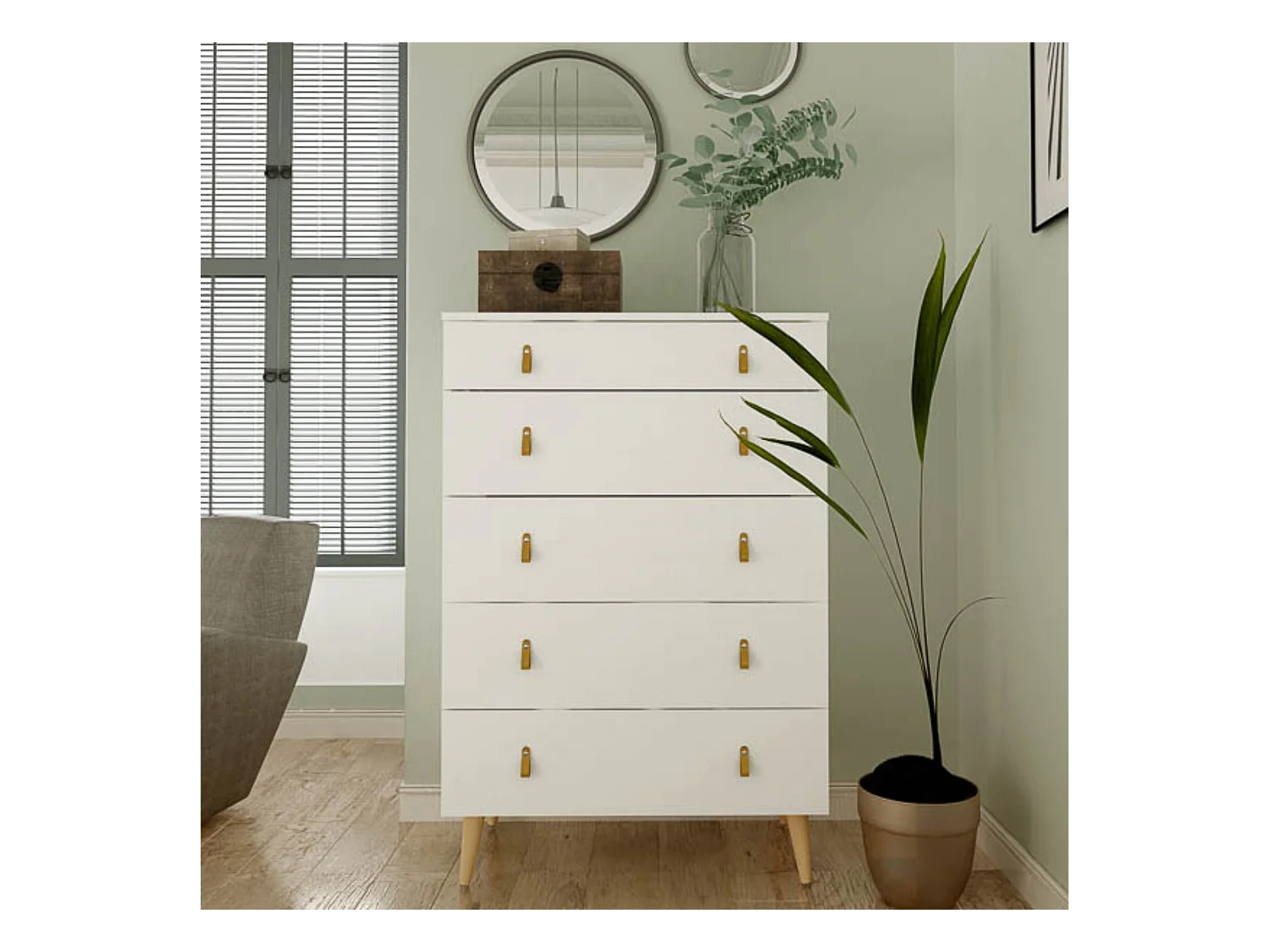 Cómoda con 5 Cajones, para Dormitorio, Acabado en Color Blanco, Medidas: 80 cm (Ancho) x 120 cm (Alto) x 48 cm (Fondo)