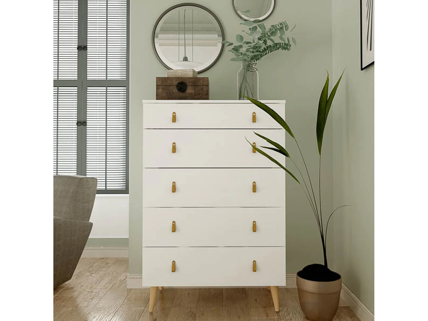 Cómoda con 5 Cajones, para Dormitorio, Acabado en Color Blanco, Medidas: 80 cm (Ancho) x 120 cm (Alto) x 48 cm (Fondo)