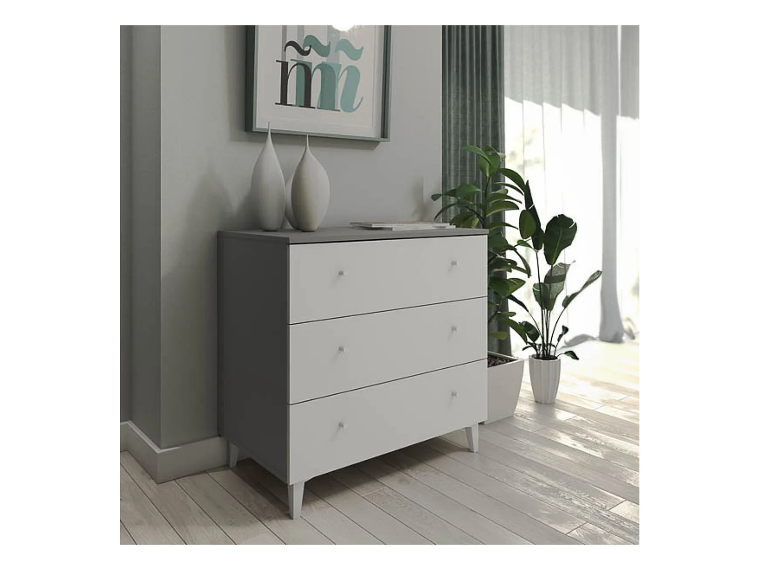 Cómoda con 3 Cajones, para Dormitorio, Acabado en Color Blanco, Medidas: 80 cm (Ancho) x 80 cm (Alto) x 48 cm (Fondo)