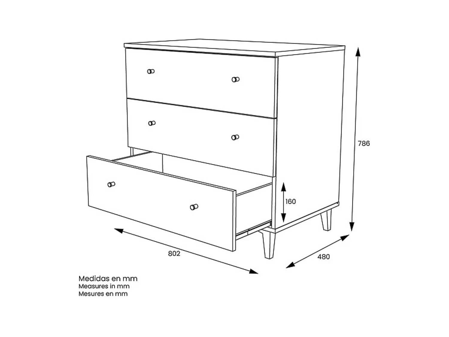 Cómoda con 3 Cajones, para Dormitorio, Acabado en Color Blanco, Medidas: 80 cm (Ancho) x 80 cm (Alto) x 48 cm (Fondo)