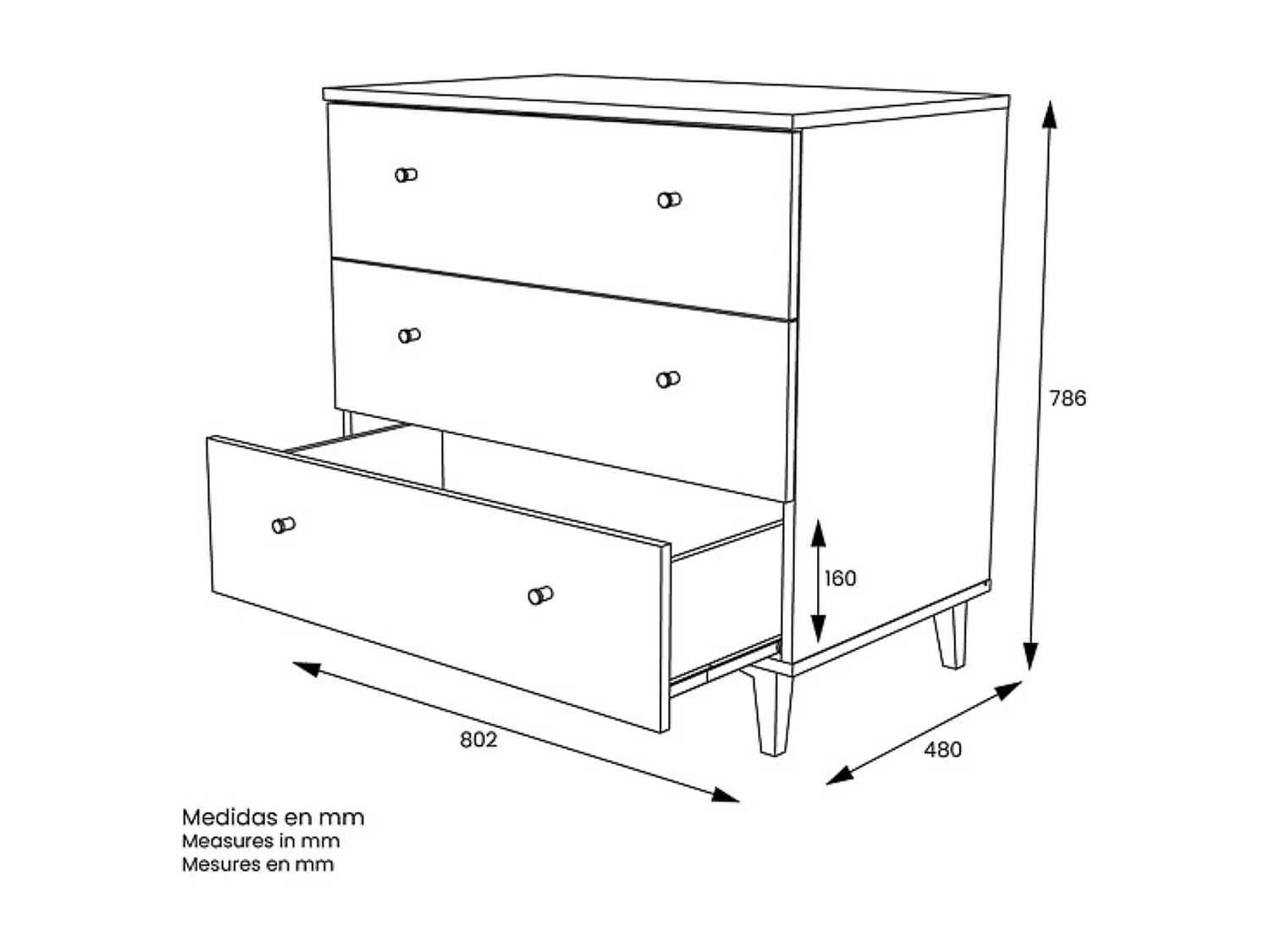 Cómoda con 3 Cajones, para Dormitorio, Acabado en Color Blanco, Medidas: 80 cm (Ancho) x 80 cm (Alto) x 48 cm (Fondo)