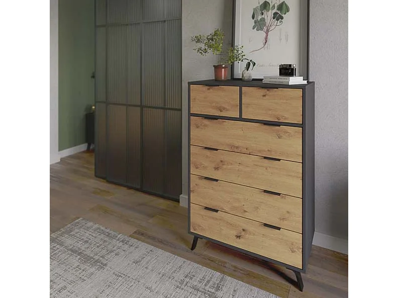 Cómoda con 6 Cajones, para Dormitorio, Acabado en Color Gris/roble, Medidas: 80 cm (Ancho) x 122 cm (Alto) x 48 cm (Fondo)