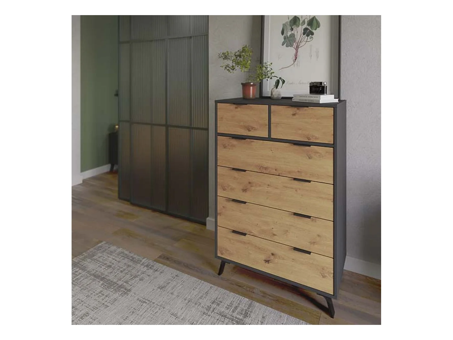 Cómoda con 6 Cajones, para Dormitorio, Acabado en Color Gris/roble, Medidas: 80 cm (Ancho) x 122 cm (Alto) x 48 cm (Fondo)