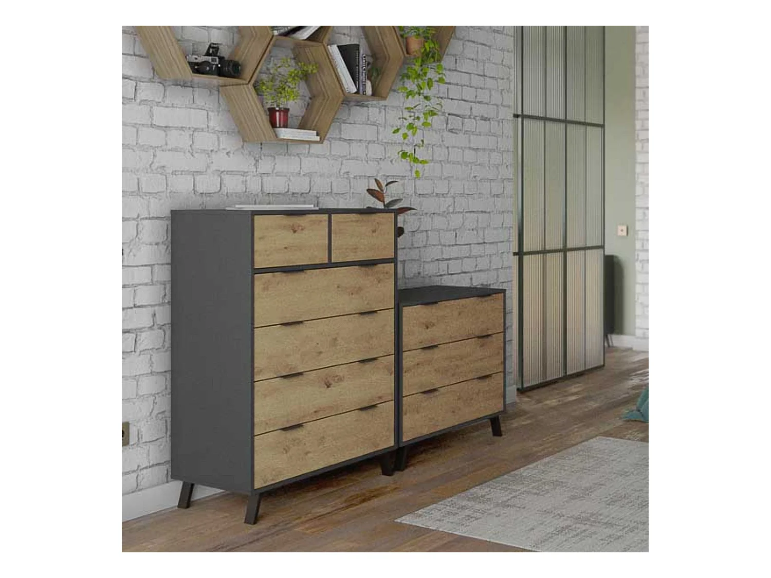 Cómoda con 6 Cajones, para Dormitorio, Acabado en Color Gris/roble, Medidas: 80 cm (Ancho) x 122 cm (Alto) x 48 cm (Fondo)