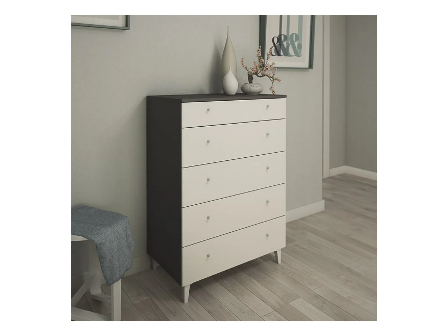 Cómoda con 5 Cajones, para Dormitorio, Acabado en Color Blanco, Medidas: 80 cm (Ancho) x 114,6 cm (Alto) x 48 cm (Fondo)