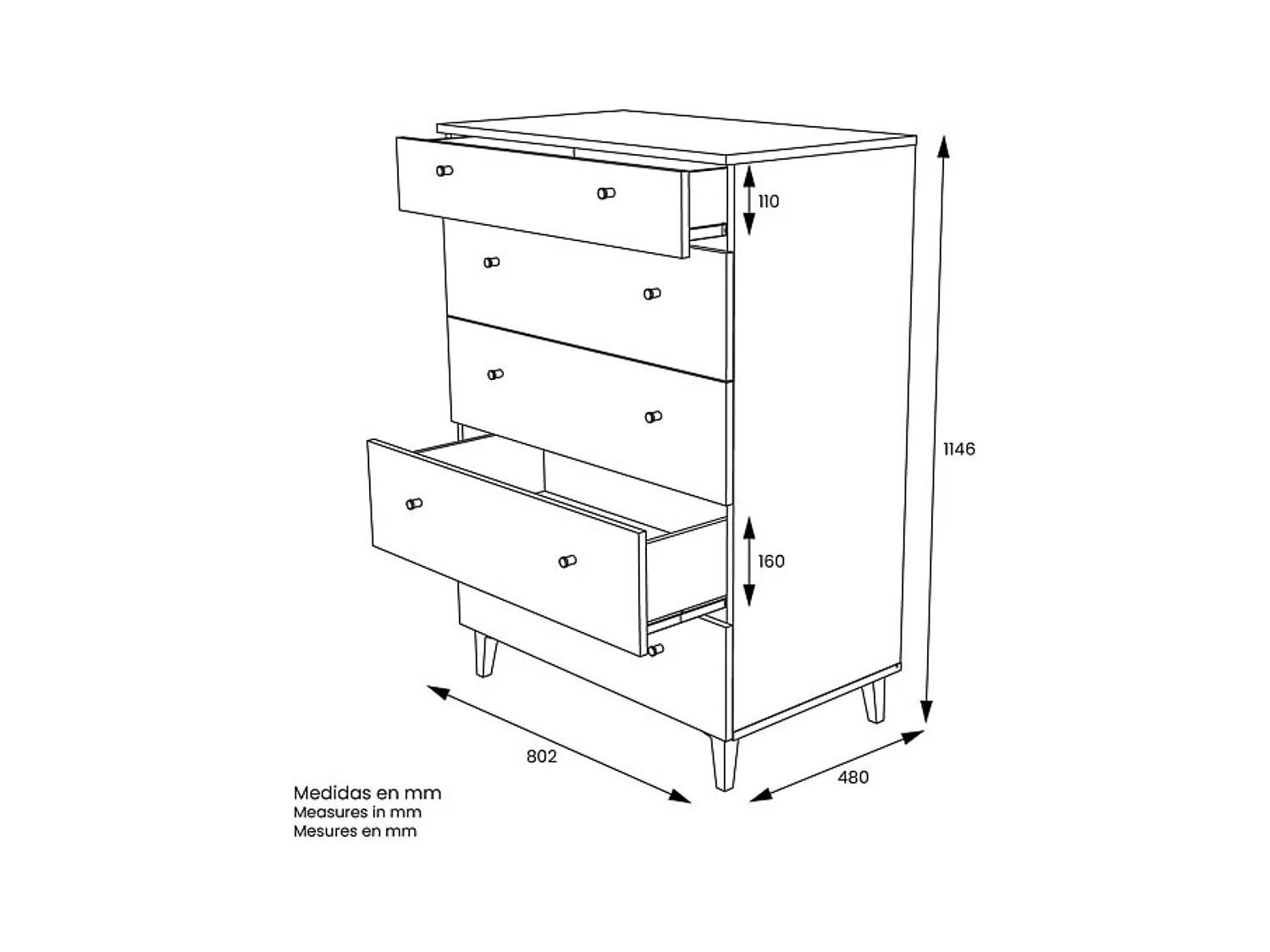 Cómoda con 5 Cajones, para Dormitorio, Acabado en Color Blanco, Medidas: 80 cm (Ancho) x 114,6 cm (Alto) x 48 cm (Fondo)