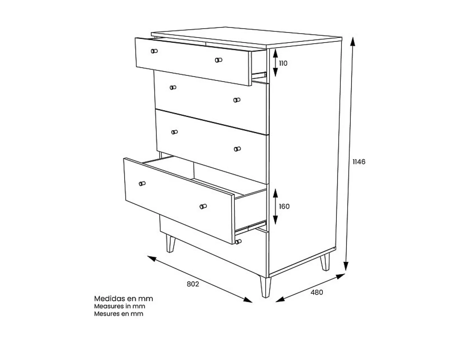 Cómoda con 5 Cajones, para Dormitorio, Acabado en Color Blanco, Medidas: 80 cm (Ancho) x 114,6 cm (Alto) x 48 cm (Fondo)
