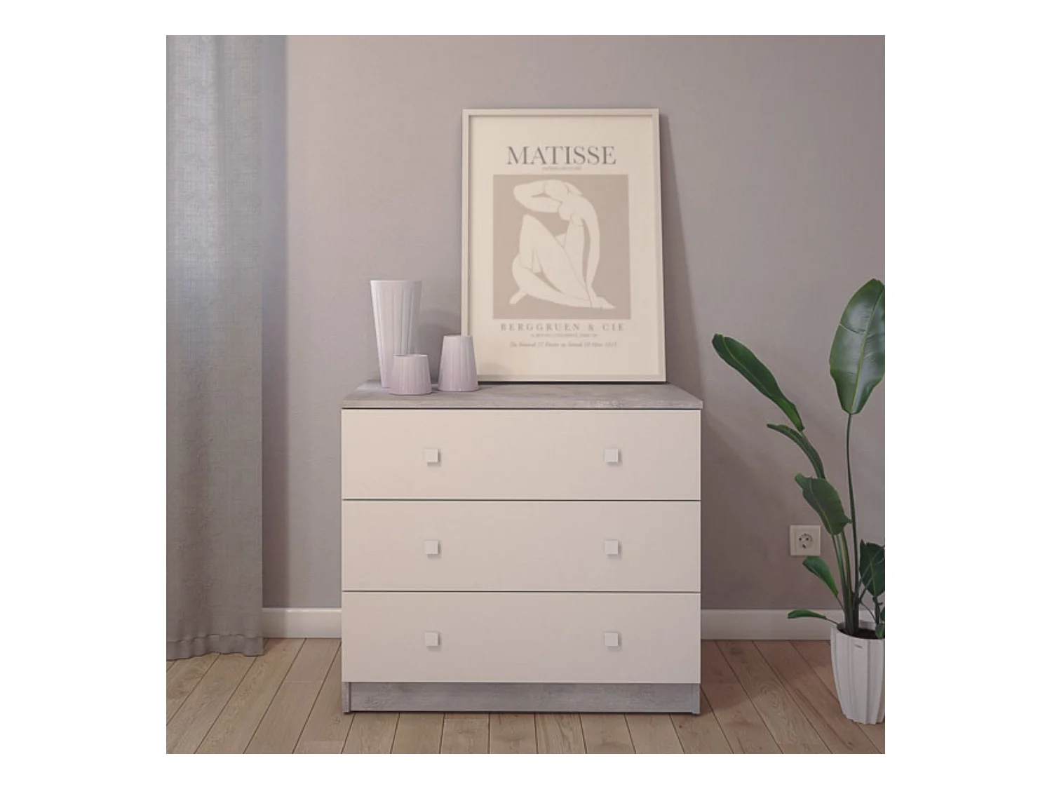 Cómoda con 3 Cajones, para Dormitorio, Acabado en Color Cemento Blanco, Medidas: 80 cm (Ancho) x 70 cm (Alto) x 48 cm (Fondo)