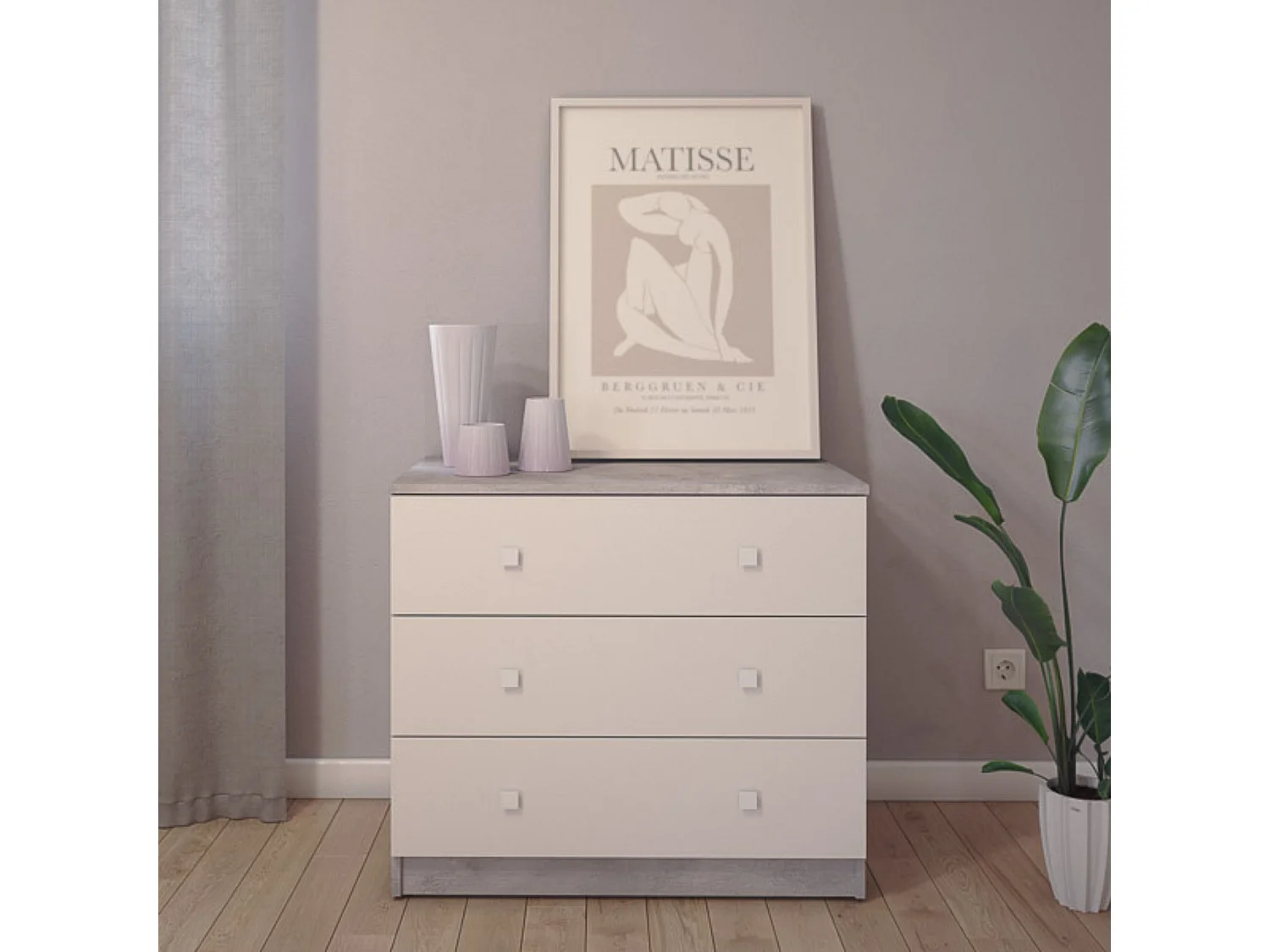 Cómoda con 3 Cajones, para Dormitorio, Acabado en Color Cemento Blanco, Medidas: 80 cm (Ancho) x 70 cm (Alto) x 48 cm (Fondo)