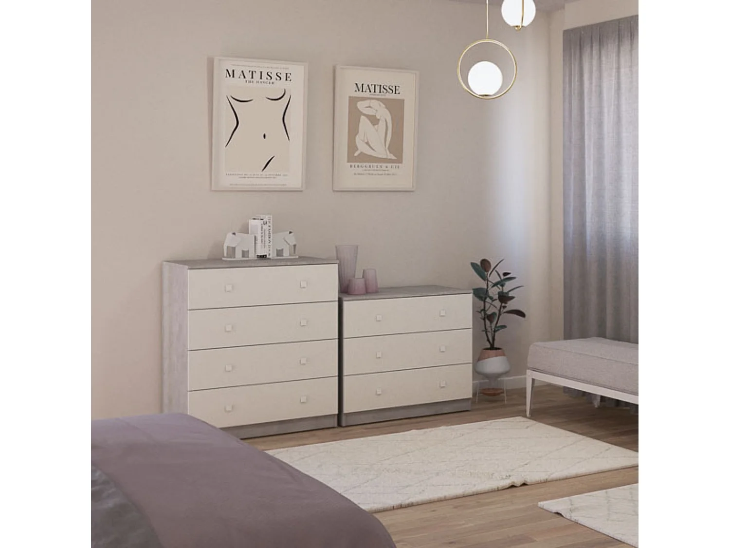 Cómoda con 3 Cajones, para Dormitorio, Acabado en Color Cemento Blanco, Medidas: 80 cm (Ancho) x 70 cm (Alto) x 48 cm (Fondo)