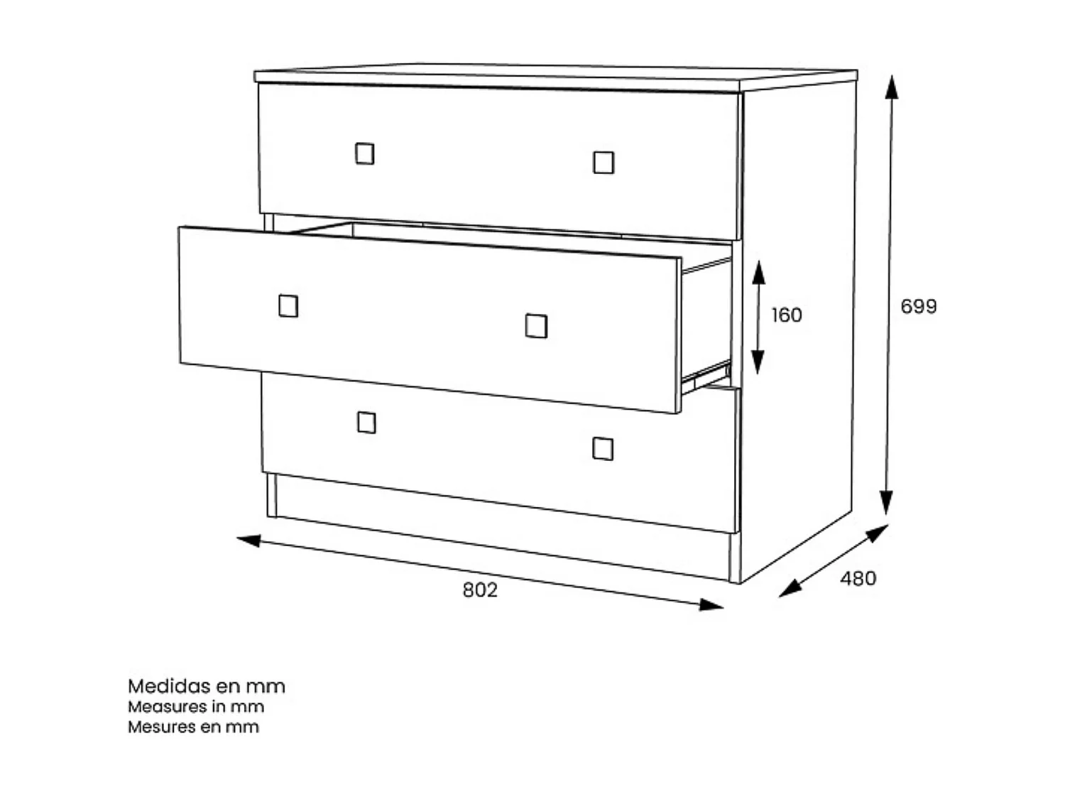 Cómoda con 3 Cajones, para Dormitorio, Acabado en Color Cemento Blanco, Medidas: 80 cm (Ancho) x 70 cm (Alto) x 48 cm (Fondo)