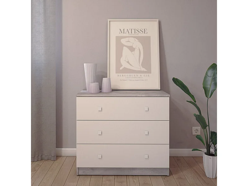 Cómoda con 3 Cajones, para Dormitorio, Acabado en Color Cemento Blanco, Medidas: 80 cm (Ancho) x 70 cm (Alto) x 48 cm (Fondo)