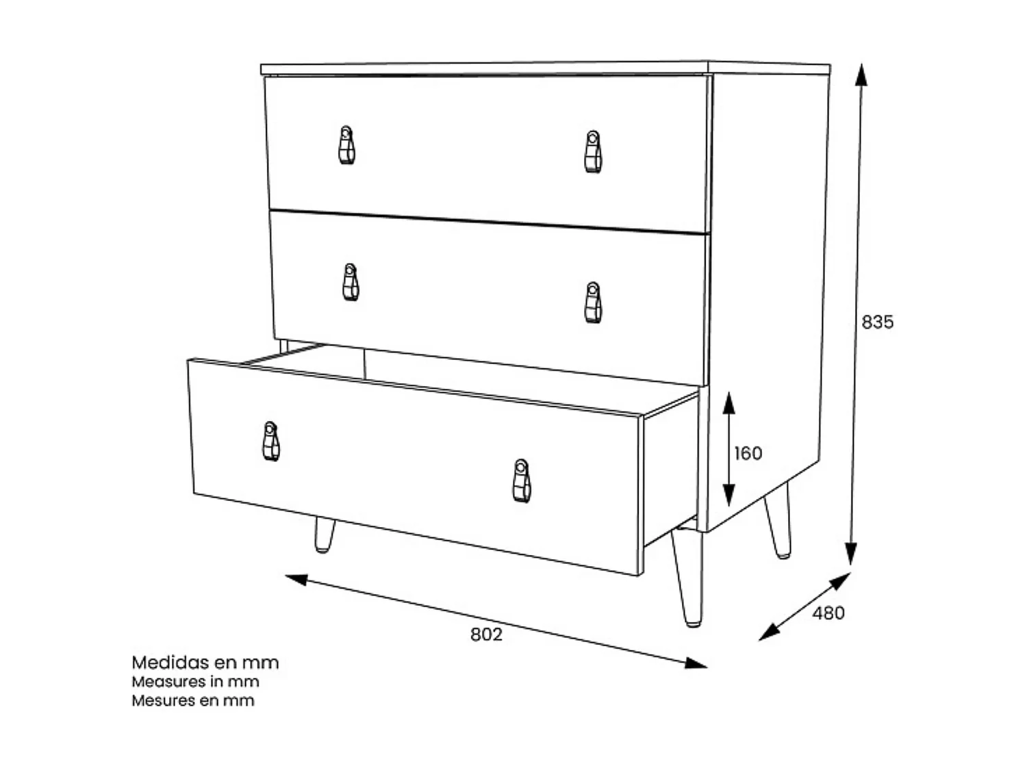 Cómoda con 3 Cajones, para Dormitorio, Acabado en Color Blanco, Medidas: 80 cm (Ancho) x 83,5 cm (Alto) x 48 cm (Fondo)