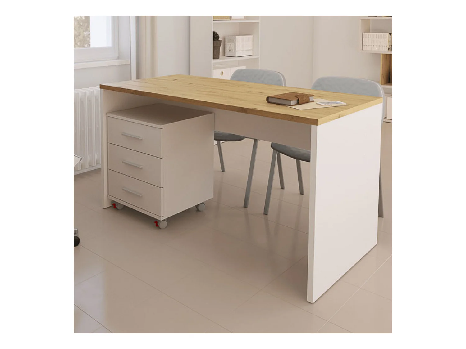 Mesa de Escritorio 138 Cm de ancho con patas de Madera Blanca y tapa Color Roble 67x75x138 Cm