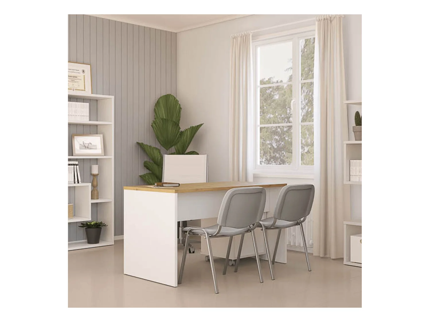 Mesa de Escritorio 138 Cm de ancho con patas de Madera Blanca y tapa Color Roble 67x75x138 Cm