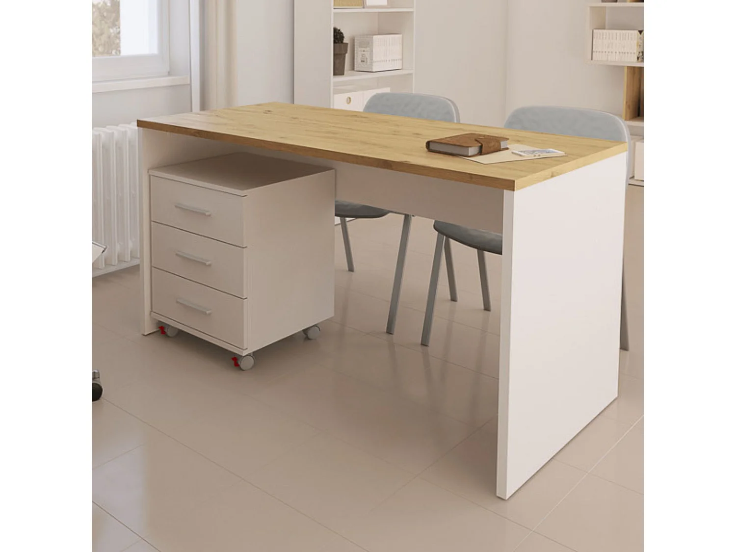 Mesa de Escritorio 138 Cm de ancho con patas de Madera Blanca y tapa Color Roble 67x75x138 Cm