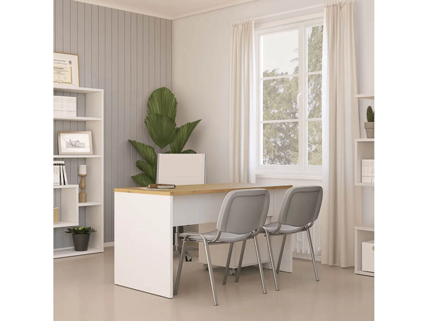 Mesa de Escritorio 138 Cm de ancho con patas de Madera Blanca y tapa Color Roble 67x75x138 Cm