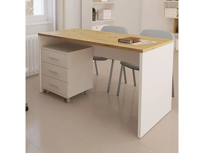 Mesa de Escritorio 138 Cm de ancho con patas de Madera Blanca y tapa Color Roble 67x75x138 Cm