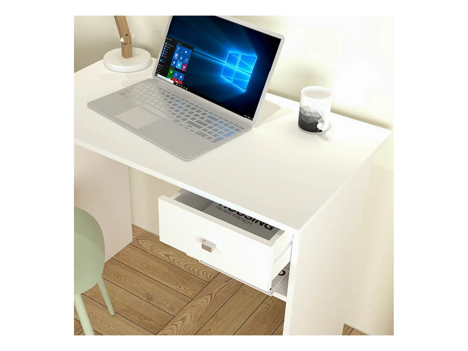 Mesa de Escritorio y Trabajo en Color Blanco, 90x50x74cm - Con Cajón y Estante para Oficina o Estudio