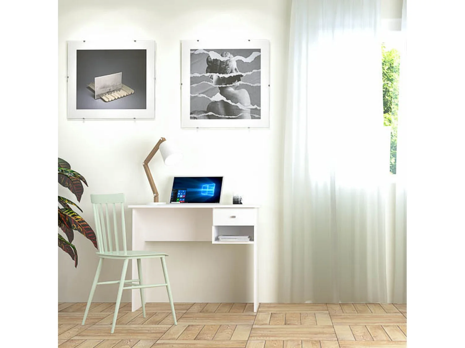 Mesa de Escritorio y Trabajo en Color Blanco, 90x50x74cm - Con Cajón y Estante para Oficina o Estudio