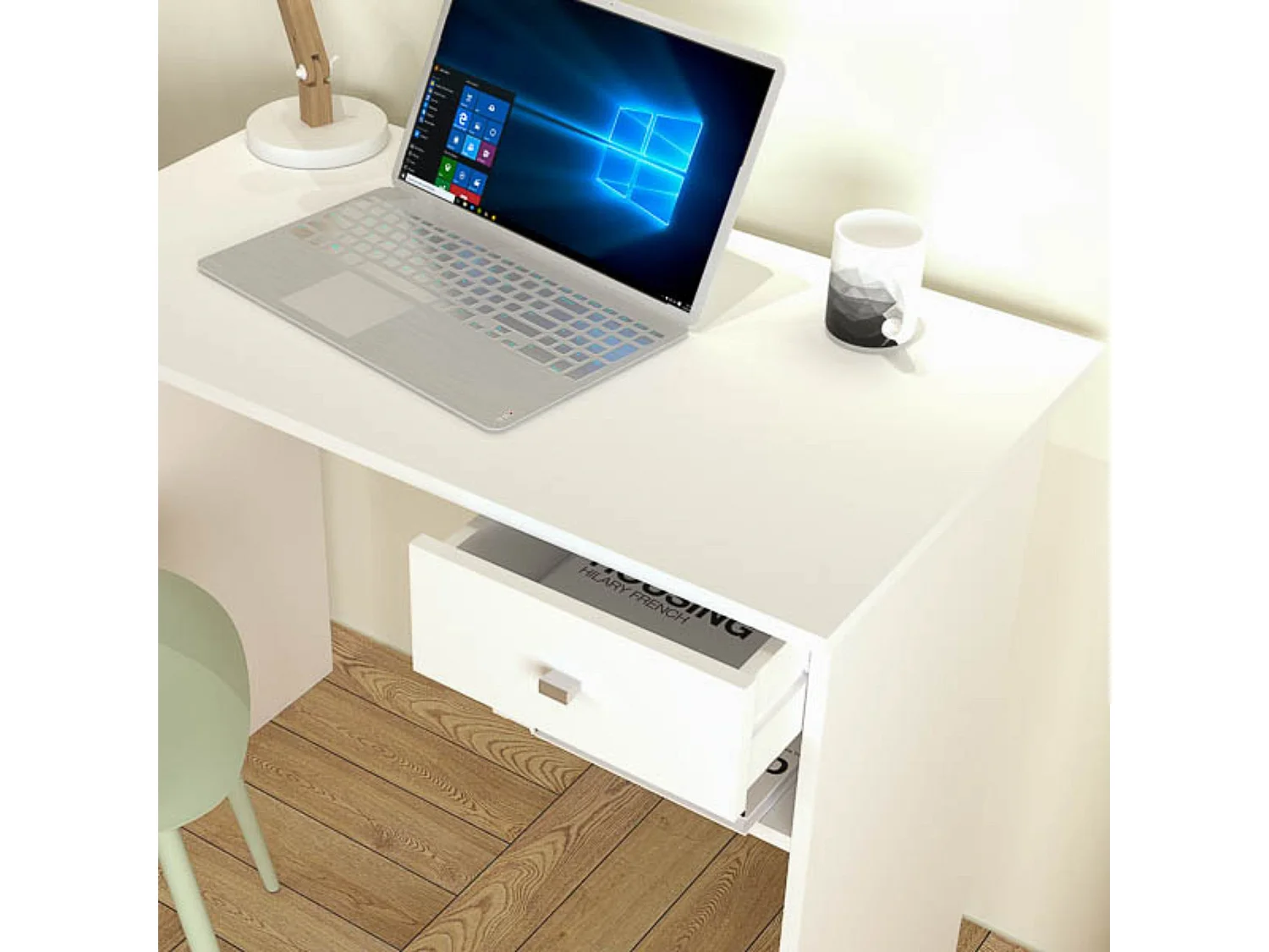 Mesa de Escritorio y Trabajo en Color Blanco, 90x50x74cm - Con Cajón y Estante para Oficina o Estudio