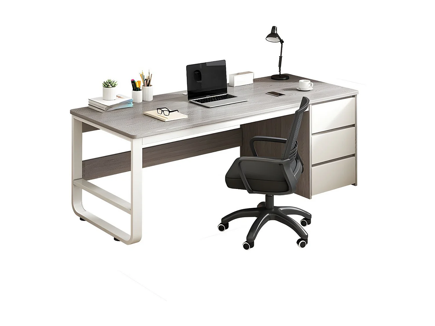 Escritorio de Oficina con 3 Cajones, MDF Gris y Blanco, 120x48x74cm - Moderno y Funcional