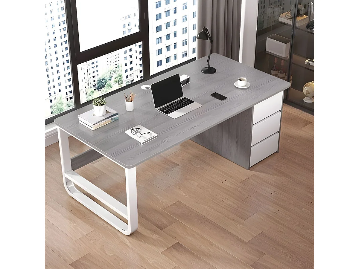 Escritorio de Oficina con 3 Cajones, MDF Gris y Blanco, 120x48x74cm - Moderno y Funcional