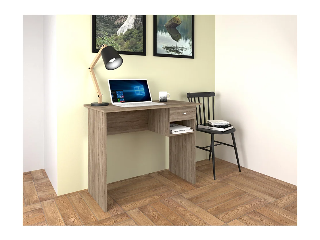 Mesa de Escritorio y Trabajo en Color Roble, 90x50x74cm - Con Cajón y Estante para Oficina o Estudio