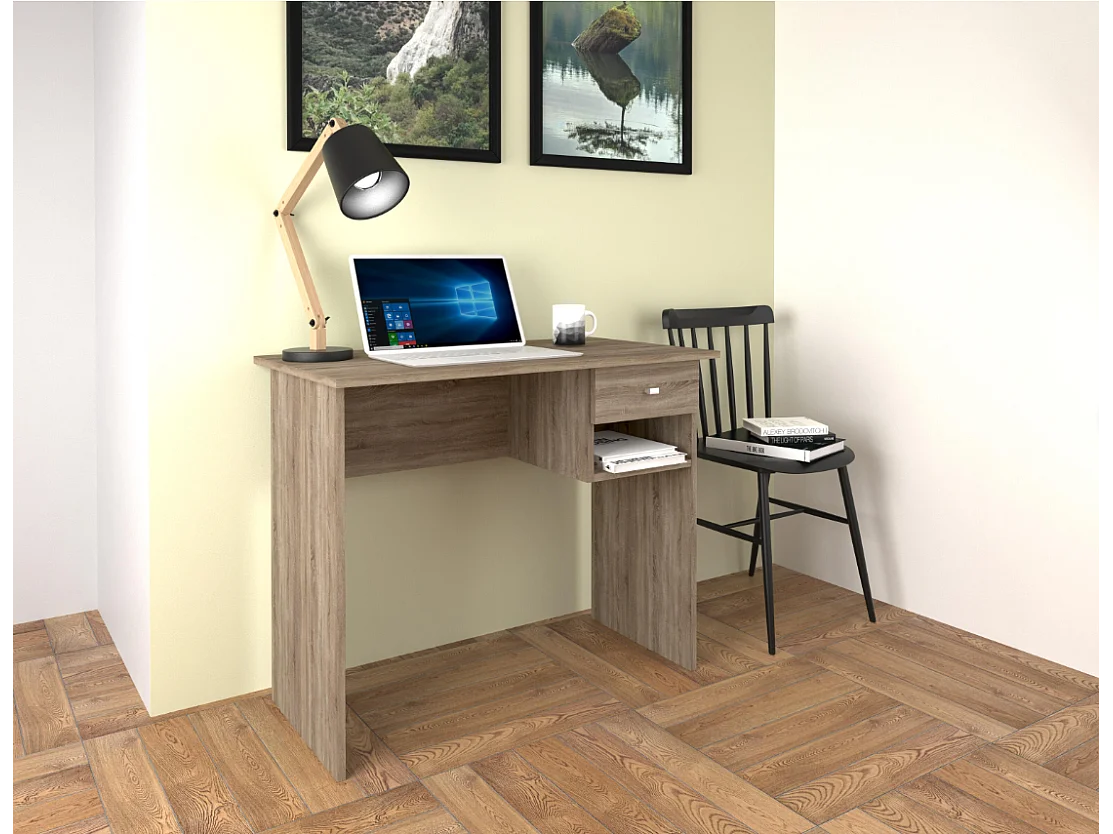 Mesa de Escritorio y Trabajo en Color Roble, 90x50x74cm - Con Cajón y Estante para Oficina o Estudio