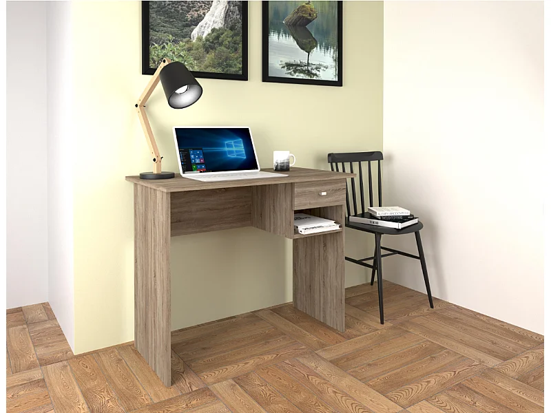 Mesa de Escritorio y Trabajo en Color Roble, 90x50x74cm - Con Cajón y Estante para Oficina o Estudio