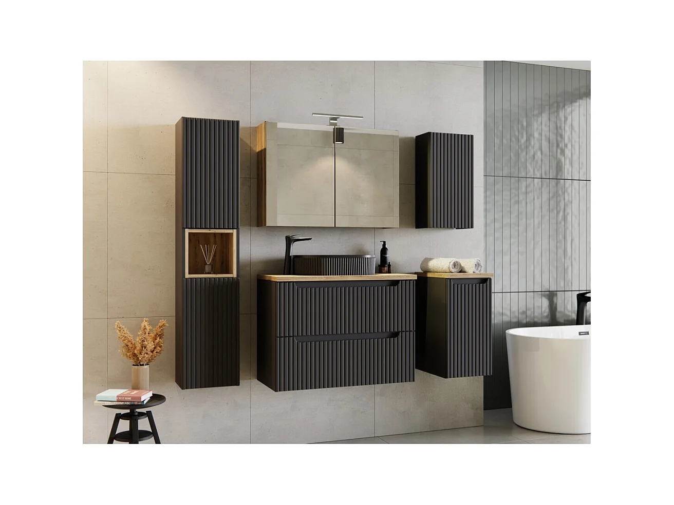 Coluna de banheiro VANO – 2 portas + 1 nicho – Preto fosco – L30 × P25 × H140 cm – Para pendurar