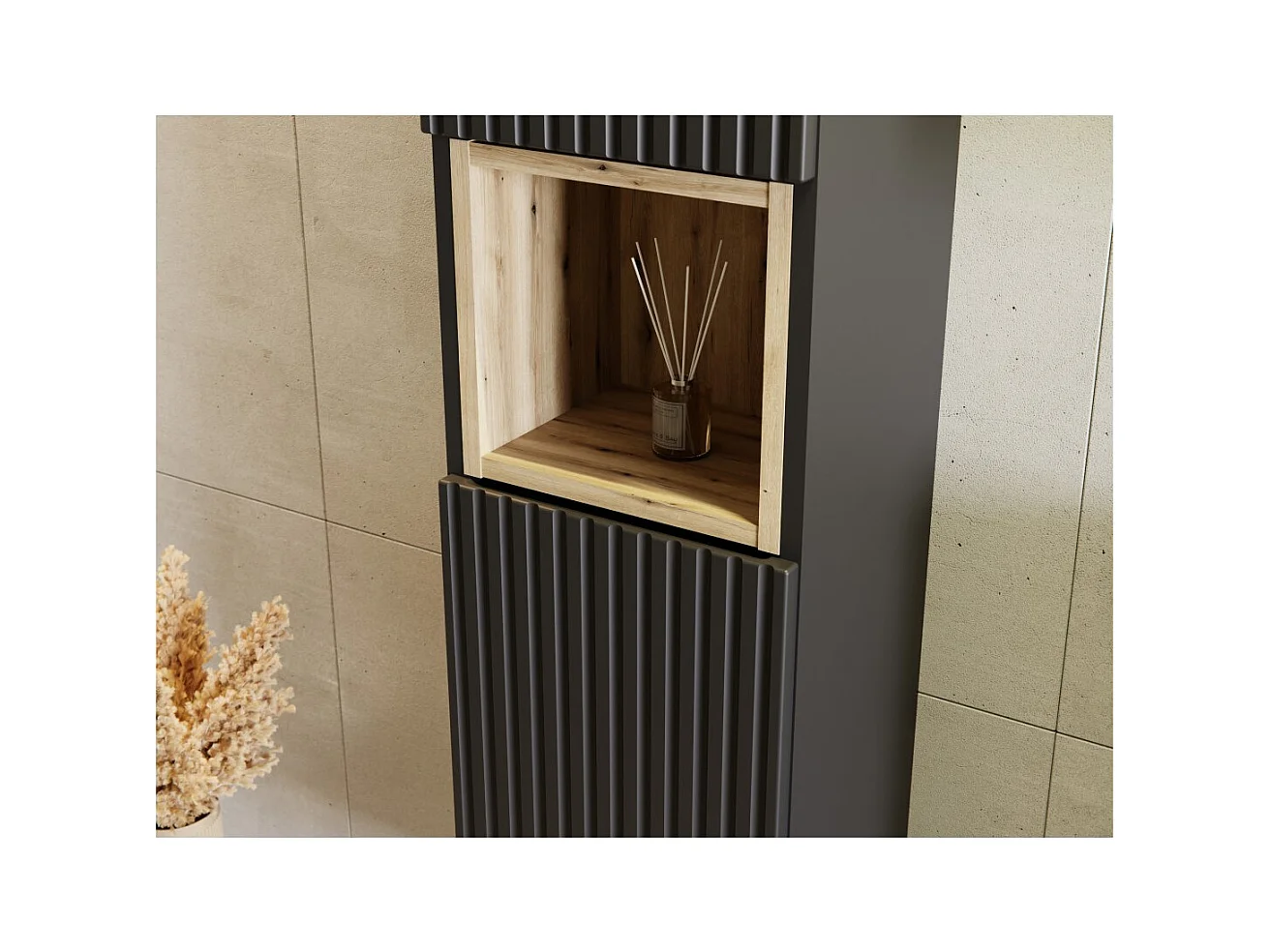 Coluna de banheiro VANO – 2 portas + 1 nicho – Preto fosco – L30 × P25 × H140 cm – Para pendurar