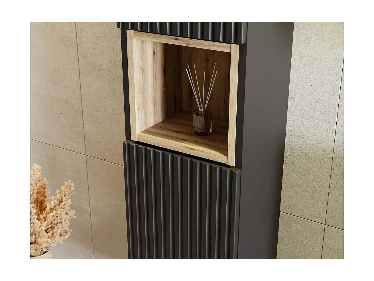 Coluna de banheiro VANO – 2 portas + 1 nicho – Preto fosco – L30 × P25 × H140 cm – Para pendurar