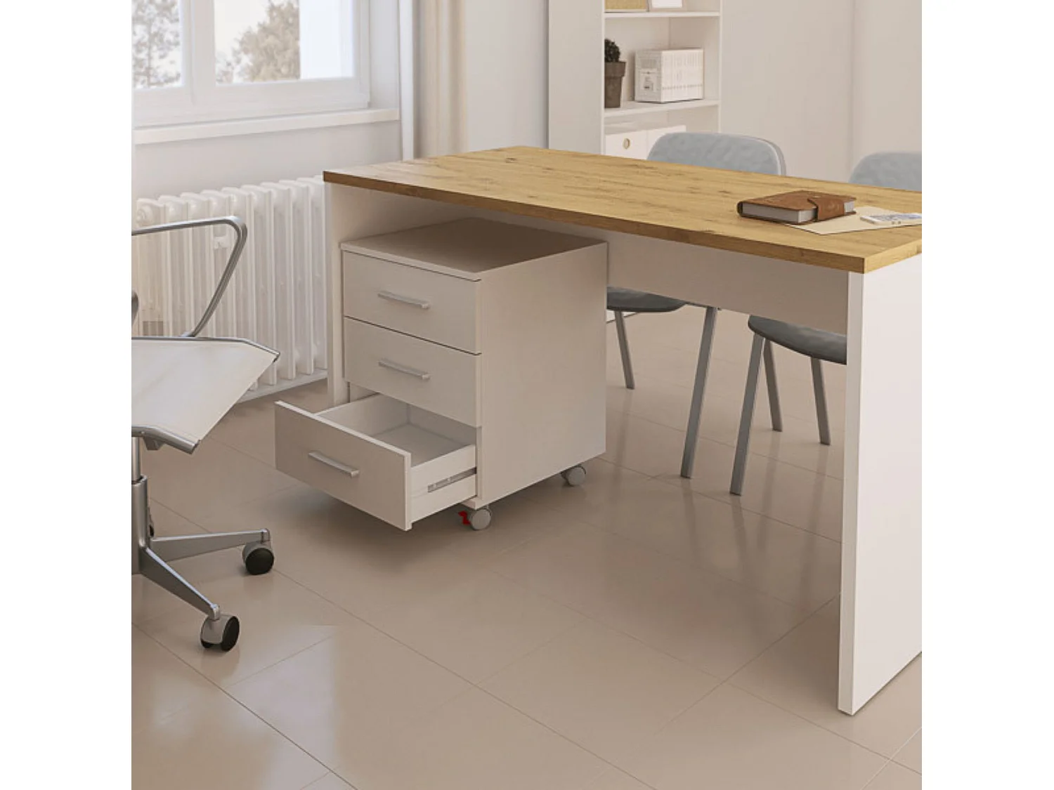 Cajoneras Para escritorio con ruedas 3 Cajones color blanco 58 x 45 x 44 Cm (alto x ancho x fondo)