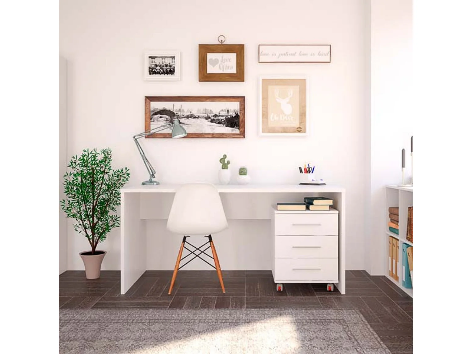 Cajoneras Para escritorio con ruedas 3 Cajones color blanco 58 x 45 x 44 Cm (alto x ancho x fondo)