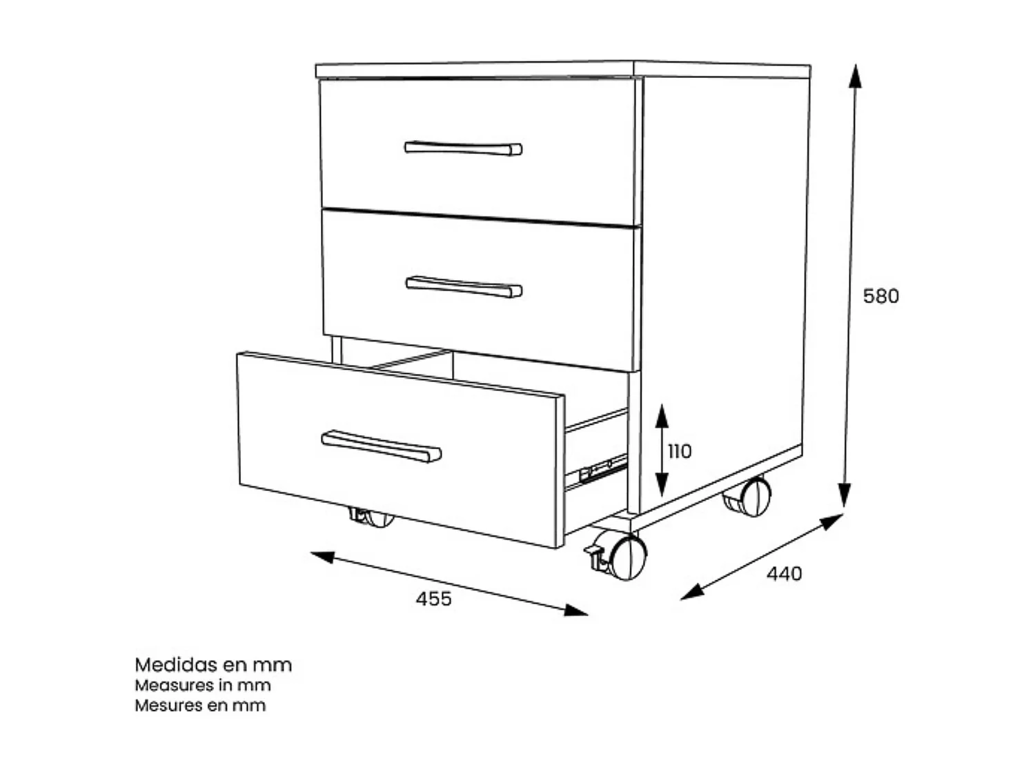 Cajoneras Para escritorio con ruedas 3 Cajones color blanco 58 x 45 x 44 Cm (alto x ancho x fondo)