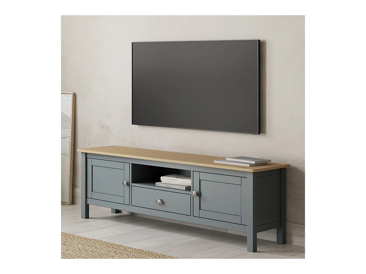 Meuble Tv 2 portes 1 tiroir en bois massif vert kaki 158 cm - Macha