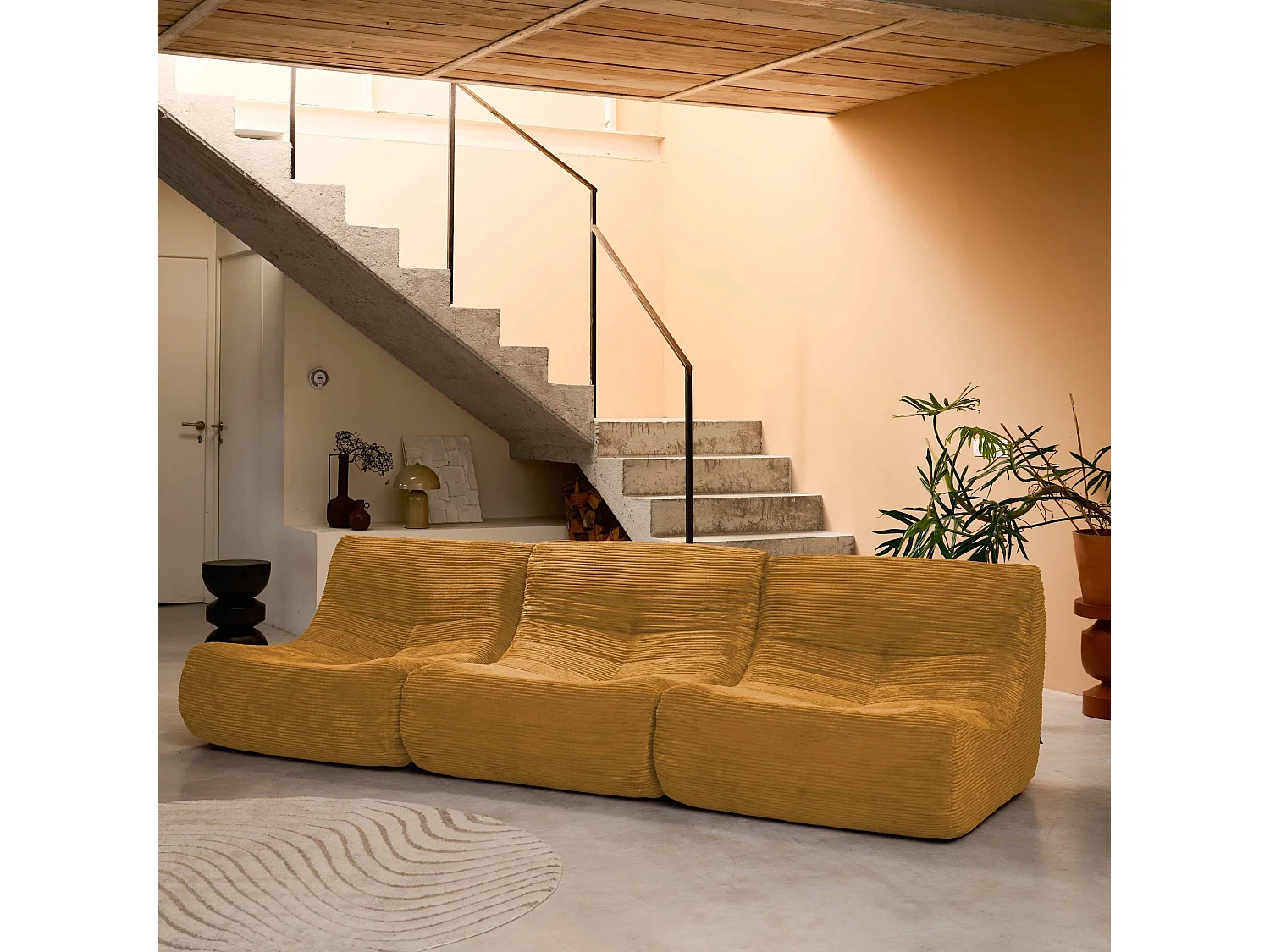 Sofá modular de pana, 3 plazas mostaza