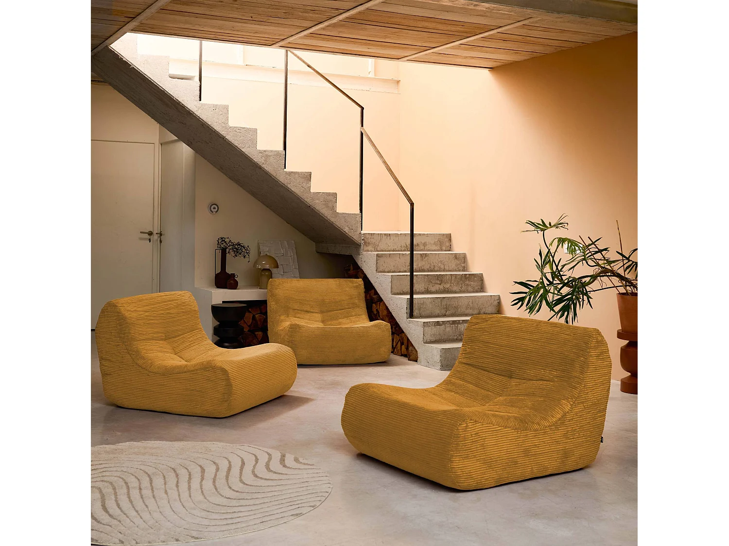 Sofá modular de pana, 3 plazas mostaza