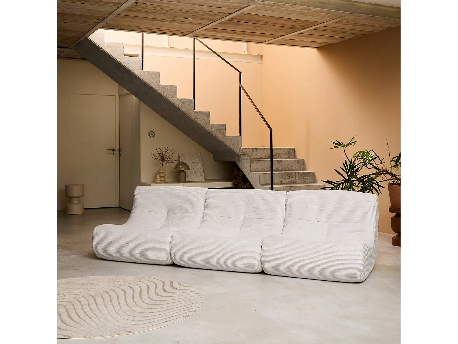 Chauffeuse velours côtelé 3 places crème L 91 x P 105 x H 72 cm - SOKOL