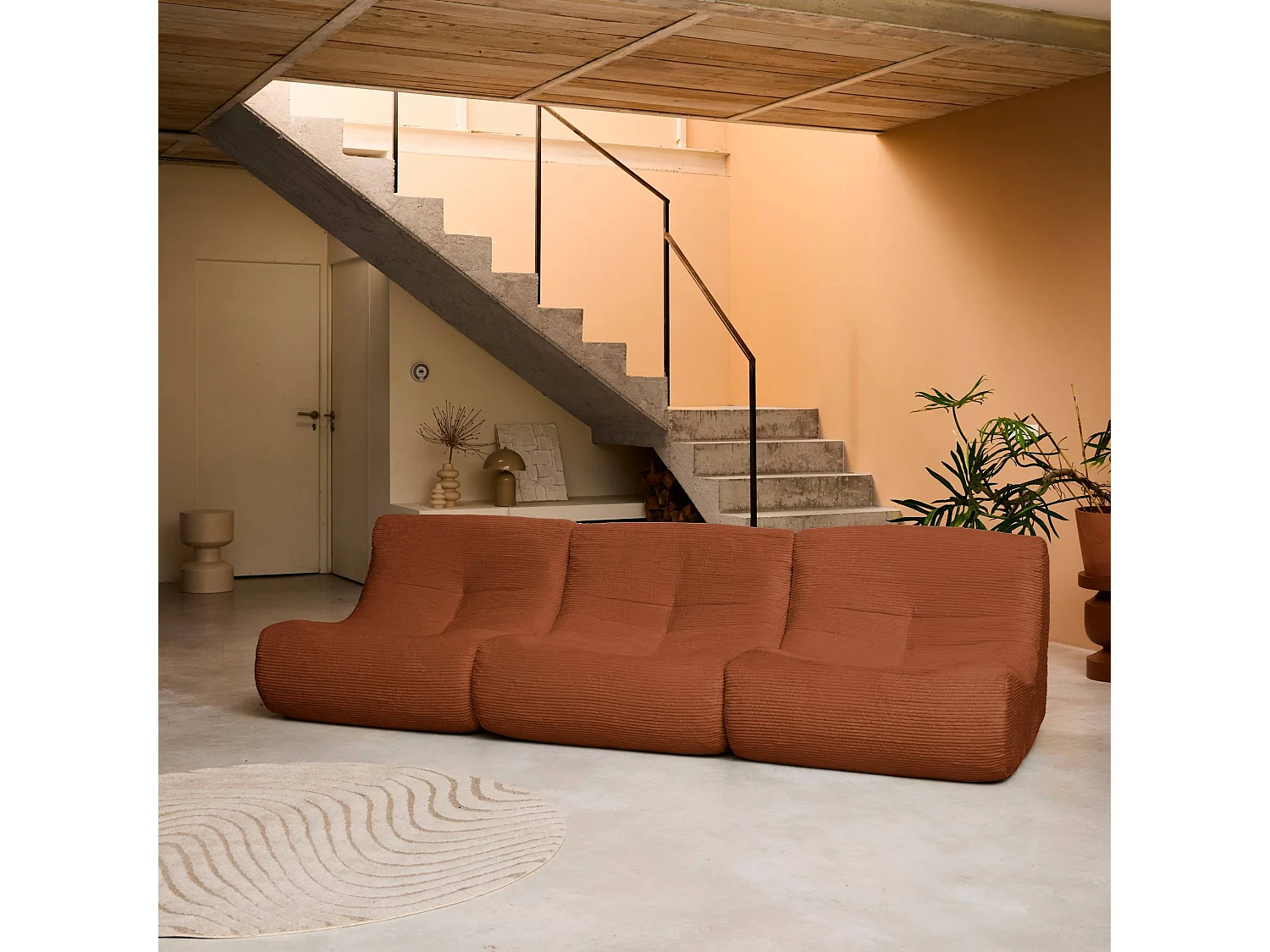 Chauffeuse velours côtelé 3 places terracotta L 91 x P 105 x H 72 cm - SOKOL