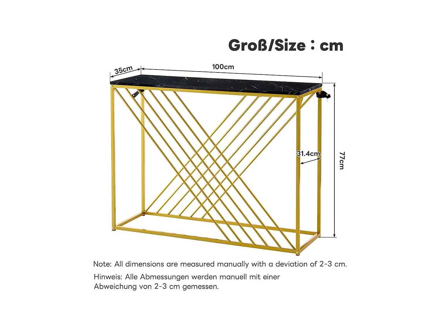 Glanzende vintage zwarte MDF-consoletafel Multifunctioneel met gouden poten voor in de gang/als buffetkast/bijzettafel