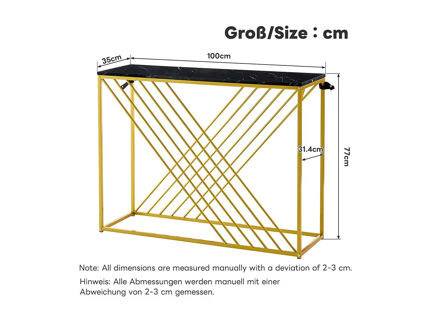 Glanzende vintage zwarte MDF-consoletafel Multifunctioneel met gouden poten voor in de gang/als buffetkast/bijzettafel