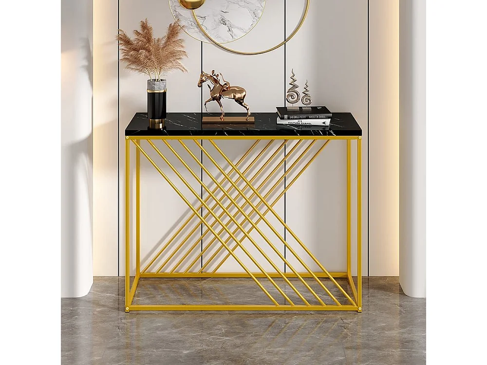 Glanzende vintage zwarte MDF-consoletafel Multifunctioneel met gouden poten voor in de gang/als buffetkast/bijzettafel