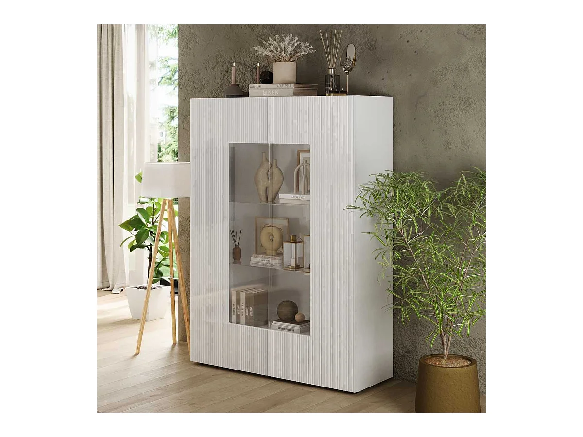 Vitrine 2 portes blanc façades relief à stries verticales - JANEIRO BLANC