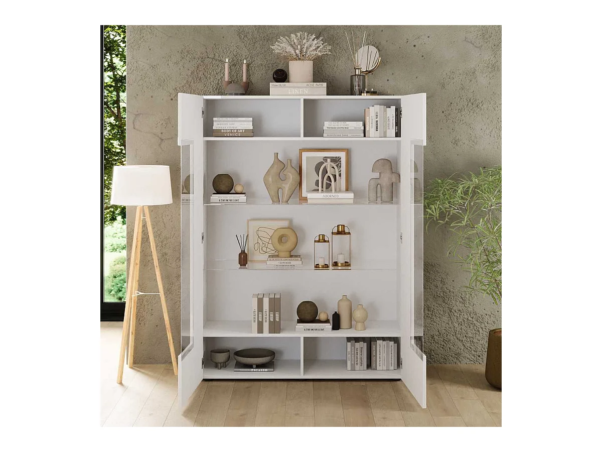 Vitrine 2 portes blanc façades relief à stries verticales - JANEIRO BLANC