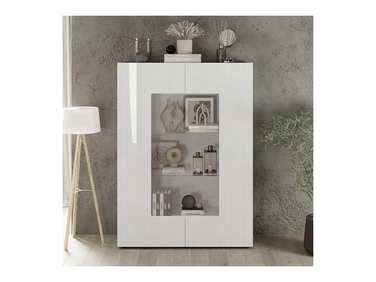 Vitrine 2 portes blanc façades relief à stries verticales - JANEIRO BLANC